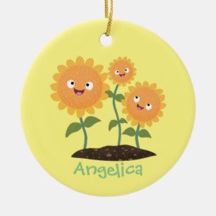 Cute happy sunflowers smiling cartoon illustration ceramic ornament