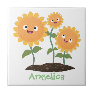 Cute happy sunflowers smiling cartoon illustration ceramic tile