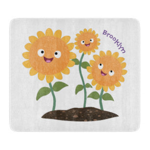 Cute happy sunflowers smiling cartoon illustration cutting board