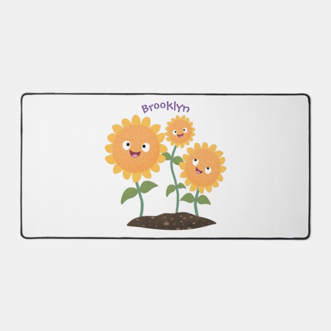 Cute happy sunflowers smiling cartoon illustration desk mat (Front)