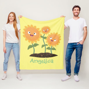 Cute happy sunflowers smiling cartoon illustration fleece blanket