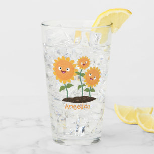Cute happy sunflowers smiling cartoon illustration glass
