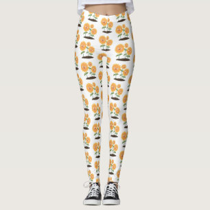 Cute happy sunflowers smiling cartoon illustration leggings