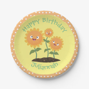 Cute happy sunflowers smiling cartoon illustration paper plate
