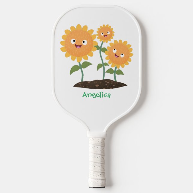 Cute happy sunflowers smiling cartoon illustration pickleball paddle (Front)