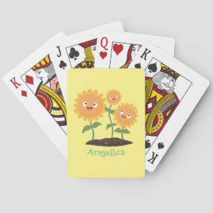 Cute happy sunflowers smiling cartoon illustration playing cards