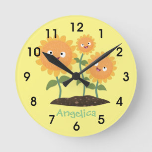 Cute happy sunflowers smiling cartoon illustration round clock