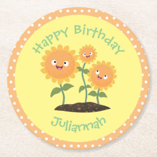 Cute happy sunflowers smiling cartoon illustration round paper coaster