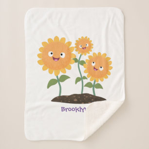 Cute happy sunflowers smiling cartoon illustration sherpa blanket