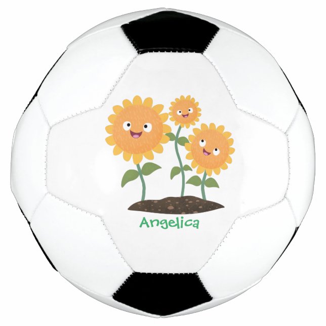 Cute happy sunflowers smiling cartoon illustration soccer ball (Front)