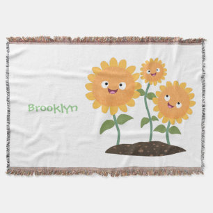 Cute happy sunflowers smiling cartoon illustration throw blanket