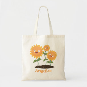Cute happy sunflowers smiling cartoon illustration tote bag