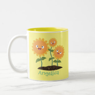 Cute happy sunflowers smiling cartoon illustration Two-Tone coffee mug