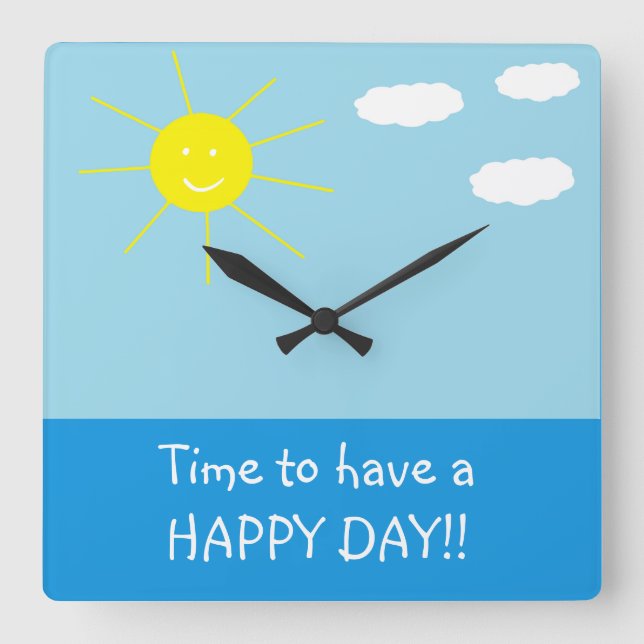 Cute Happy Sunny Day Drawing Blue Square Wall Clock (Front)