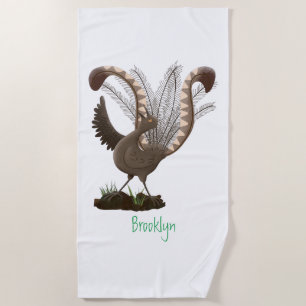 Cute happy superb lyrebird cartoon illustration beach towel