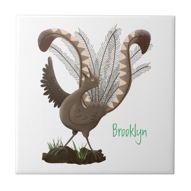 Cute happy superb lyrebird cartoon illustration ceramic tile (Front)