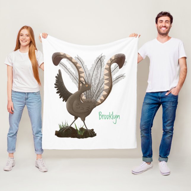 Cute happy superb lyrebird cartoon illustration  fleece blanket (In Situ)
