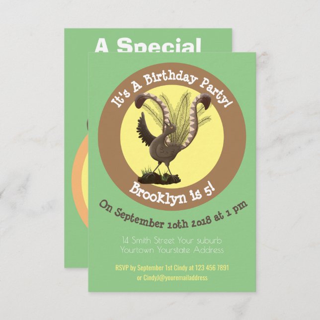 Cute happy superb lyrebird cartoon illustration  i invitation (Front/Back)