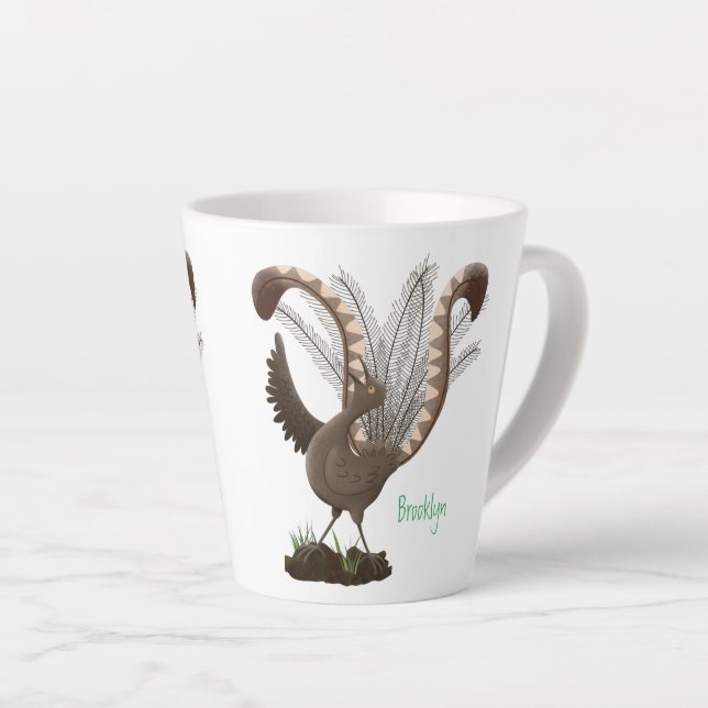 Cute happy superb lyrebird cartoon illustration  latte mug (Right Angle)