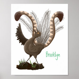 Cute happy superb lyrebird cartoon illustration poster