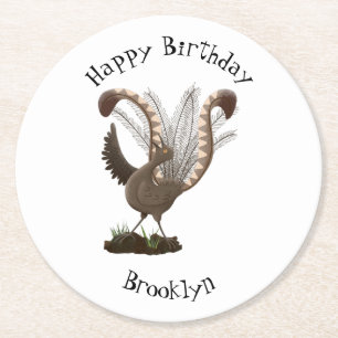 Cute happy superb lyrebird cartoon illustration round paper coaster