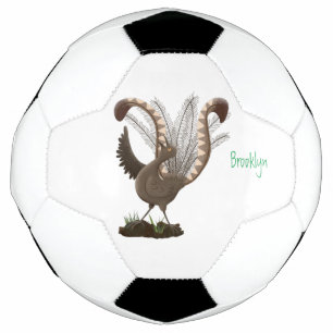 Cute happy superb lyrebird cartoon illustration soccer ball