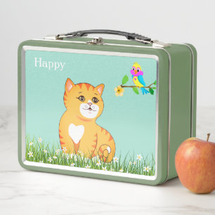 Cute Happy Tabby Cat & Little Bird Metal Lunch Box