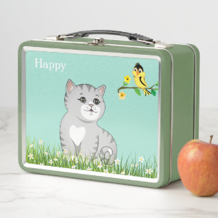 Cute Happy Tabby Cat & Little Bird on Light Blue Metal Lunch Box