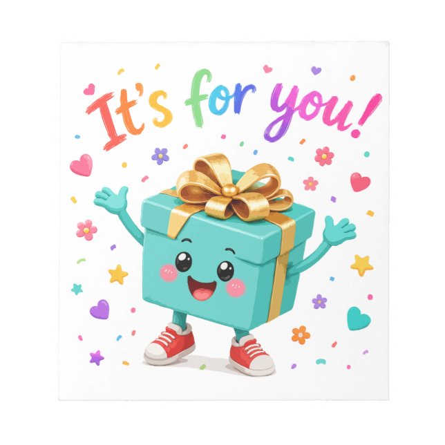 Cute Happy Teal Gift Box Surprise Notepad (Front)