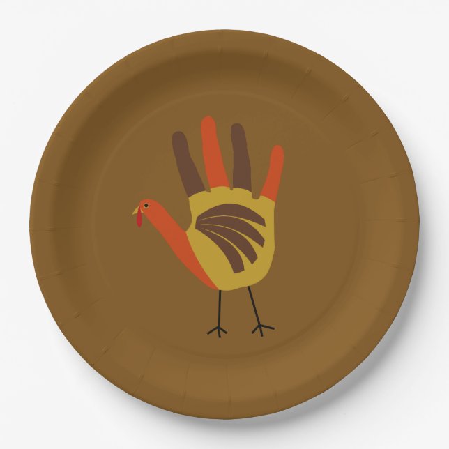 Cute Happy Thanksgiving Hand Print Turkey Gobble Paper Plate (Front)