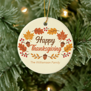 Cute Happy Thanksgiving Leaf Wreath Personalised Ceramic Ornament