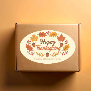 Cute Happy Thanksgiving Leaf Wreath Personalised Oval Sticker