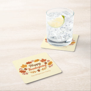 Cute Happy Thanksgiving Leaves Wreath Custom Party Square Paper Coaster