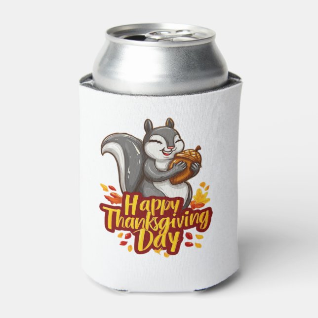Cute Happy Thanksgiving Squirrel Classic T-Shirt Can Cooler (Can Front)