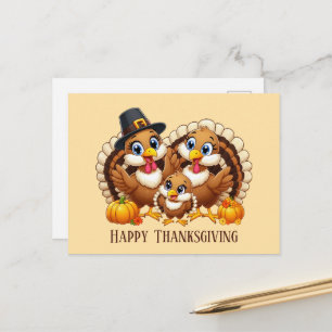 Cute Happy Thanksgiving turkey Family Holiday Postcard