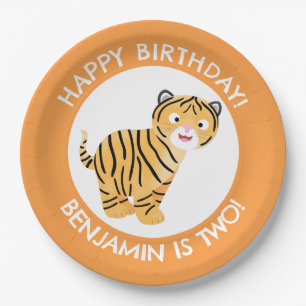 Cute happy tiger cub personalised cartoon birthday paper plate