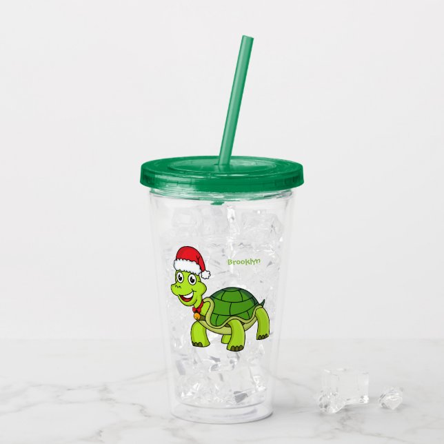 Cute happy tortoise wearing Santa hat Acrylic Tumbler (Back Ice)