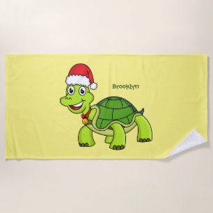 Cute happy tortoise wearing Santa hat Beach Towel