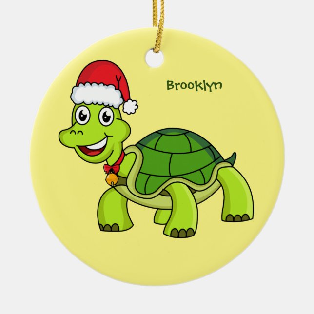 Cute happy tortoise wearing Santa hat  Ceramic Ornament (Front)
