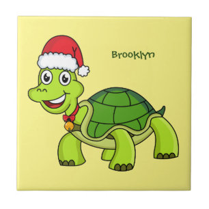 Cute happy tortoise wearing Santa hat Ceramic Tile
