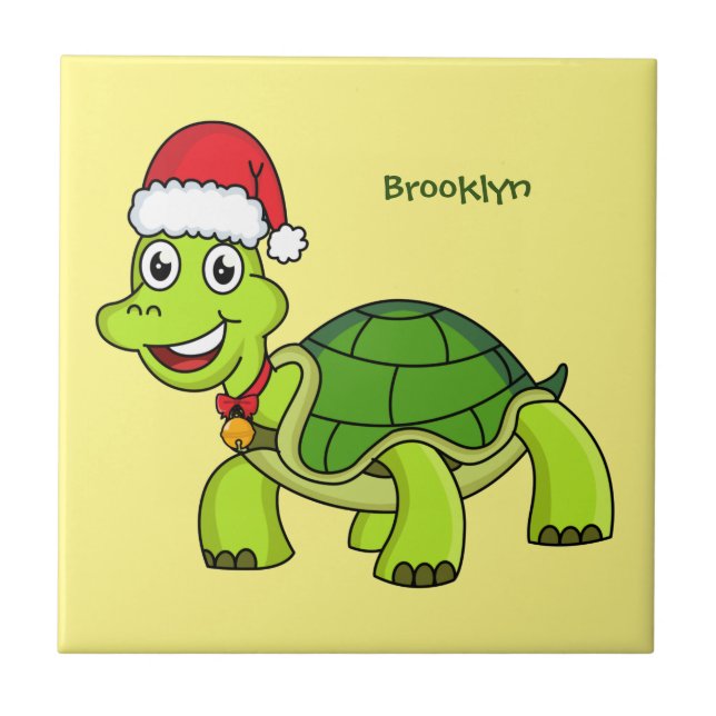 Cute happy tortoise wearing Santa hat Ceramic Tile (Front)