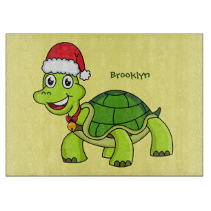 Cute happy tortoise wearing Santa hat Cutting Board