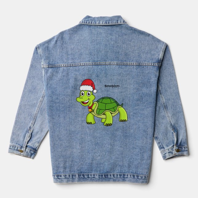 Cute happy tortoise wearing Santa hat Denim Jacket (Back)