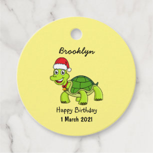 Cute happy tortoise wearing Santa hat Favour Tags