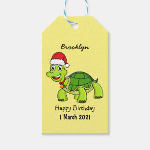 Cute happy tortoise wearing Santa hat Gift Tags