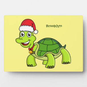 Cute happy tortoise wearing Santa hat Plaque