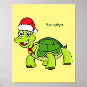 Cute happy tortoise wearing Santa hat Poster