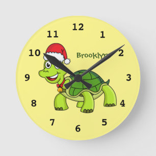 Cute happy tortoise wearing Santa hat Round Clock