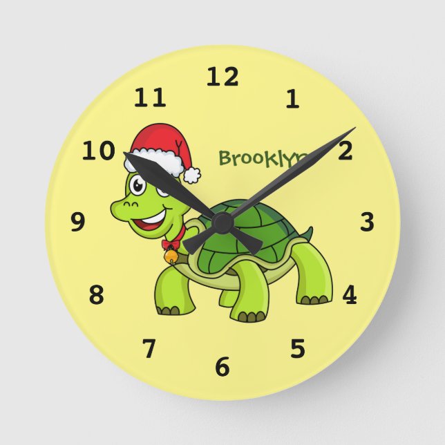Cute happy tortoise wearing Santa hat Round Clock (Front)