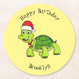 Cute happy tortoise wearing Santa hat Round Paper Coaster